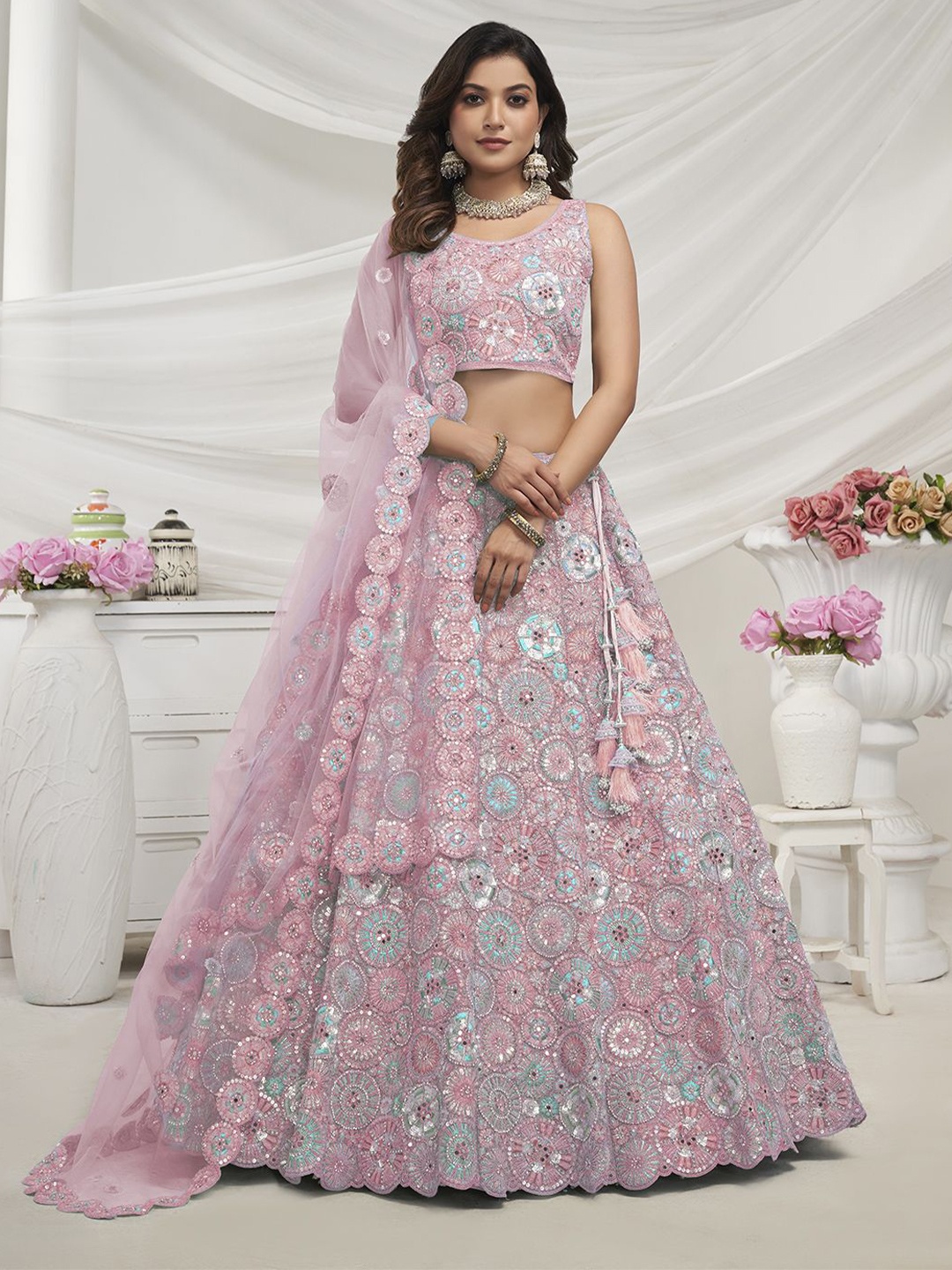 

Fusionic Embroidered Sequinned Semi-Stitched Net Lehenga & Unstitched Blouse With Dupatta, Pink