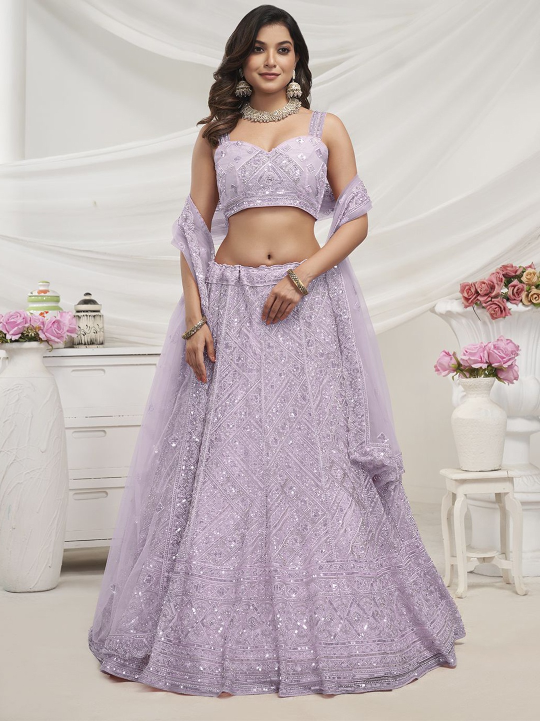 

Fusionic Embroidered Sequinned Semi Stitched Lehenga & Unstitched Blouse With Dupatta, Lavender