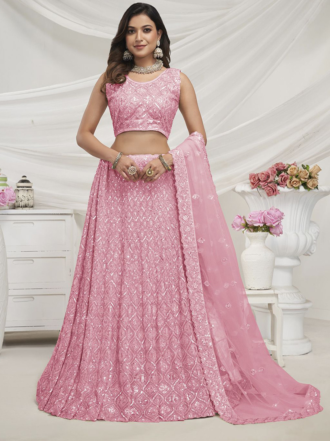 

Fusionic Embroidered Sequinned Semi-Stitched Lehenga & Unstitched Blouse With Dupatta, Pink