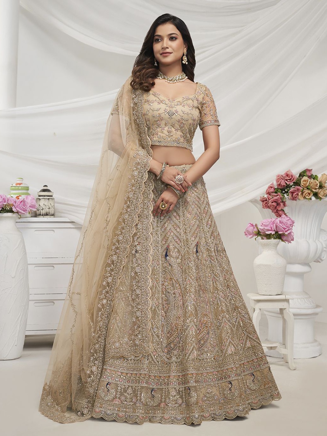 

Fusionic Embroidered Net Semi Stitched Lehenga & Unstitched Blouse With Dupatta, Beige