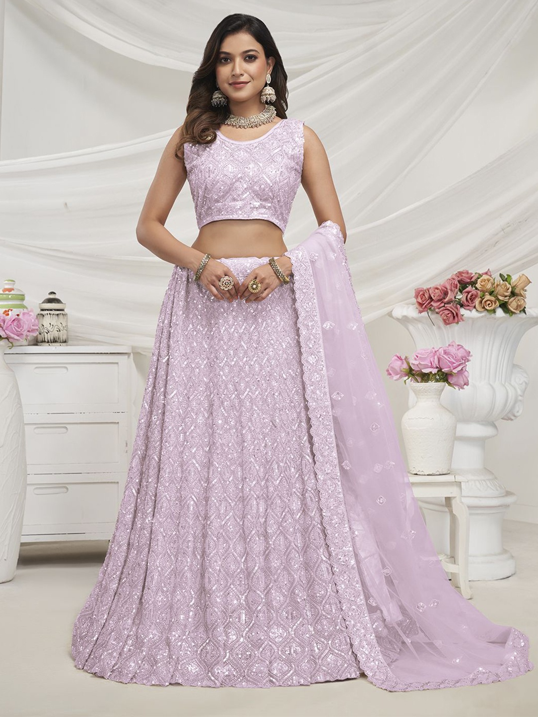 

Fusionic Embroidered Sequinned Semi-Stitched Net Lehenga & Unstitched Blouse With Dupatta, Lavender