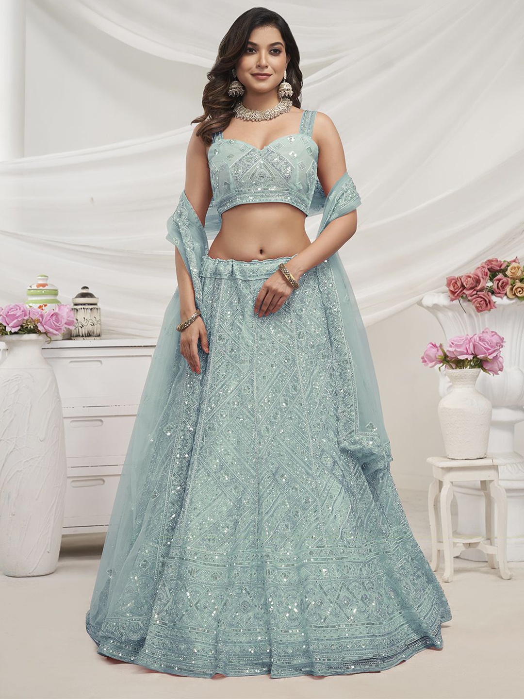 

Fusionic Embroidered Sequinned Semi-Stitched Lehenga & Unstitched Blouse With Dupatta, Blue