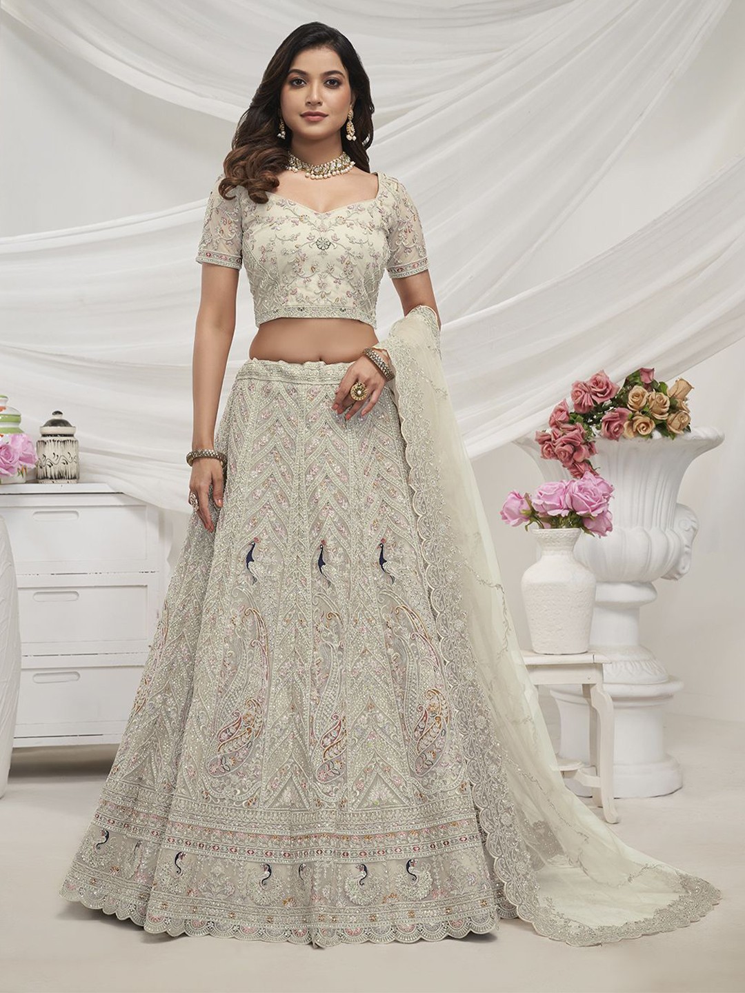 

Fusionic Embroidered Sequinned Semi-Stitched Net Lehenga & Unstitched Blouse With Dupatta, Off white
