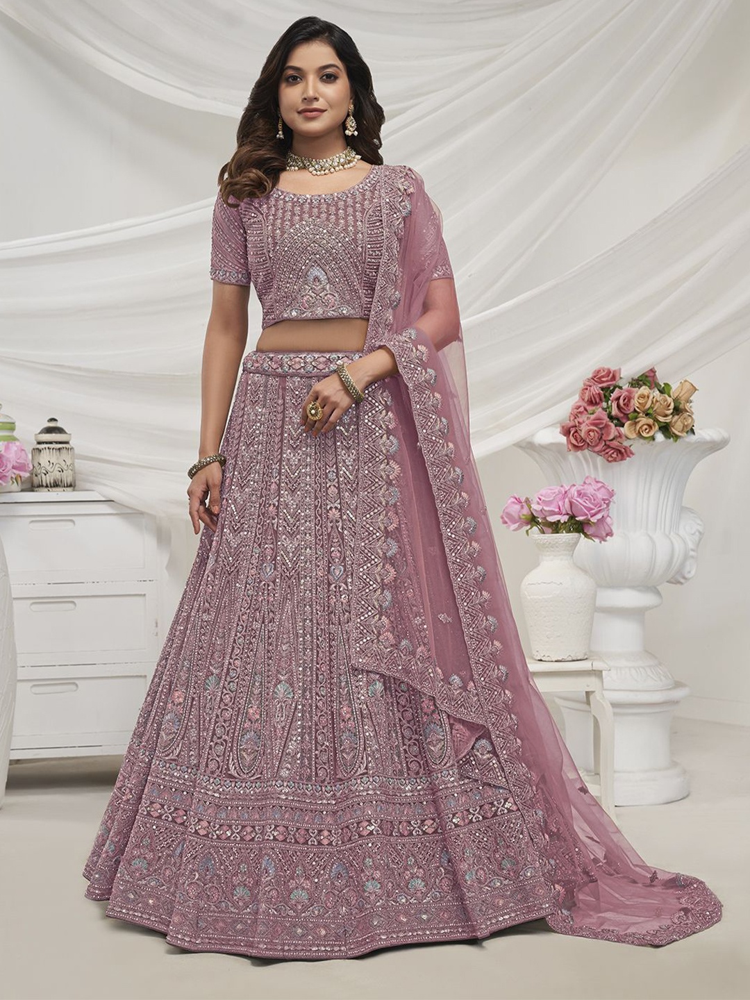 

Fusionic Embroidered Beads & Stones Semi-Stitched Lehenga & Unstitched Blouse With Dupatta, Mauve
