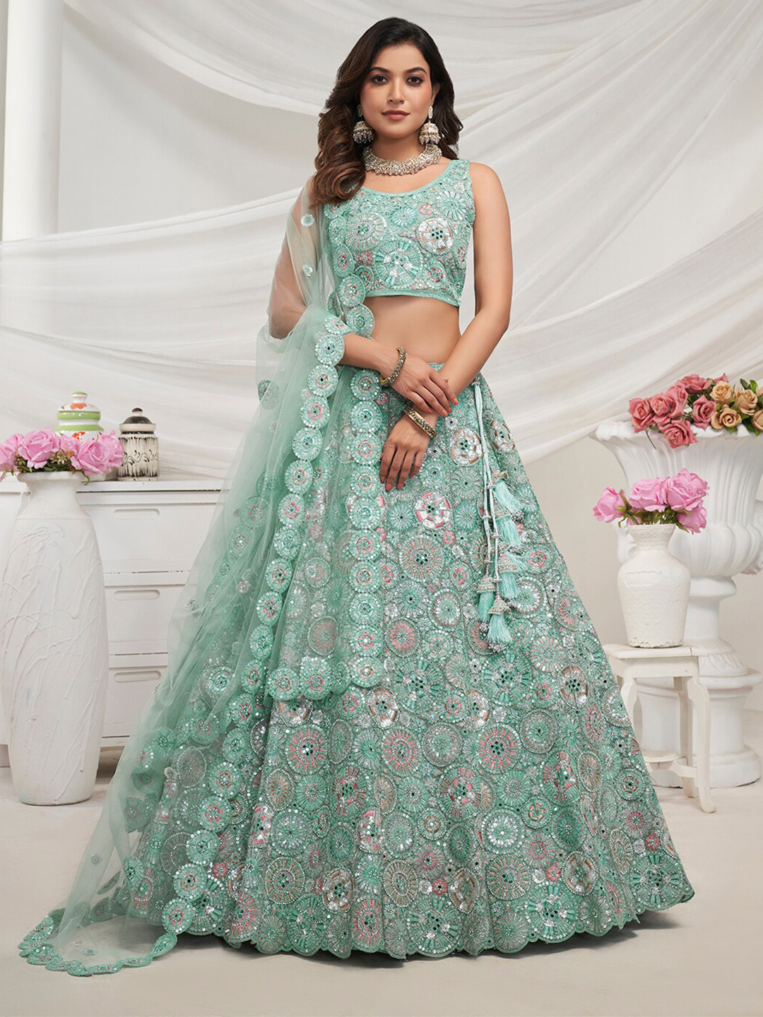 

Fusionic Embroidered Sequinned Semi-Stitched Net Lehenga & Unstitched Blouse With Dupatta, Green