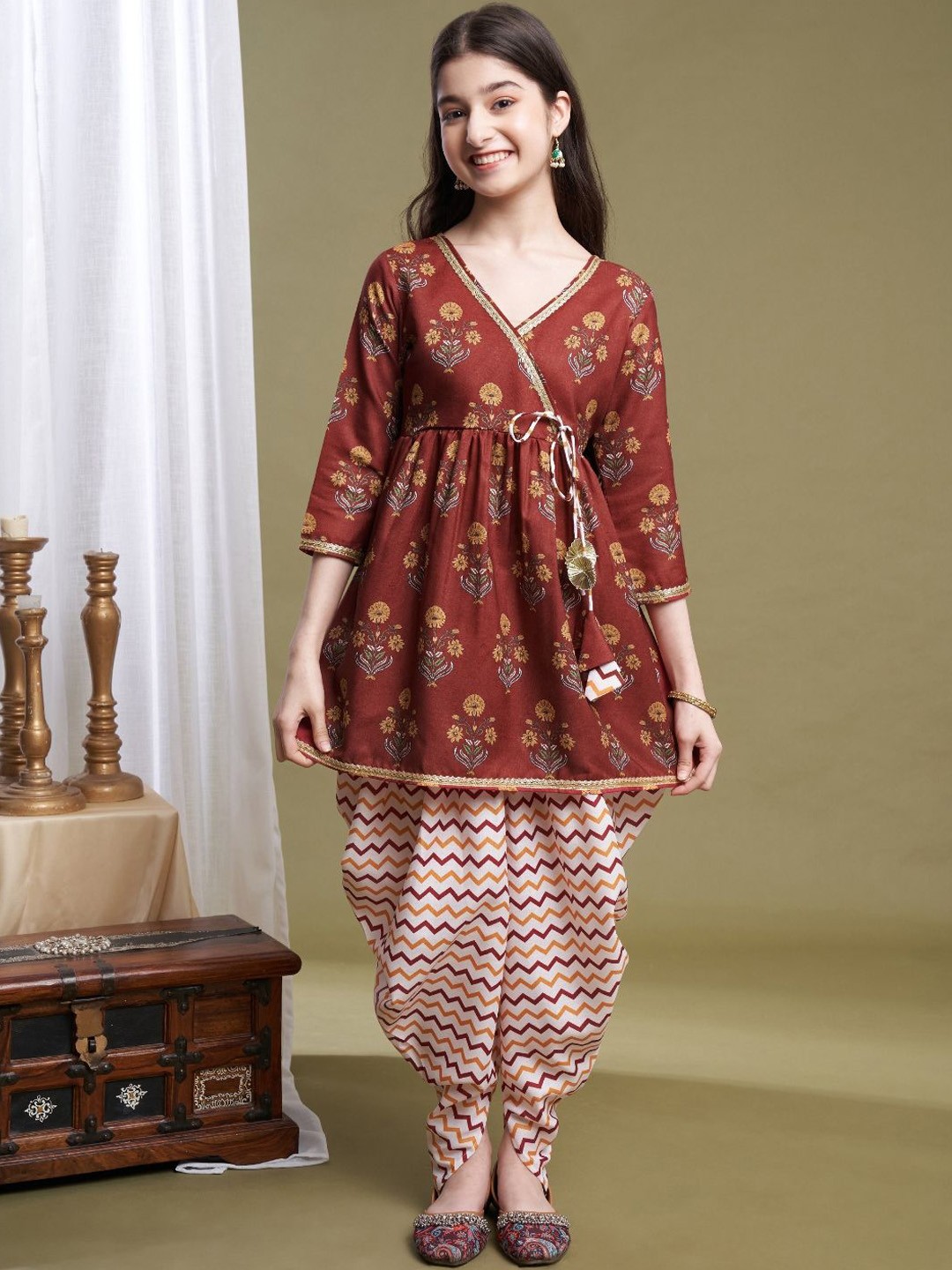 

BAESD Girls Floral Printed A-Line Angrakha Kurti with Dhoti Pants, Maroon