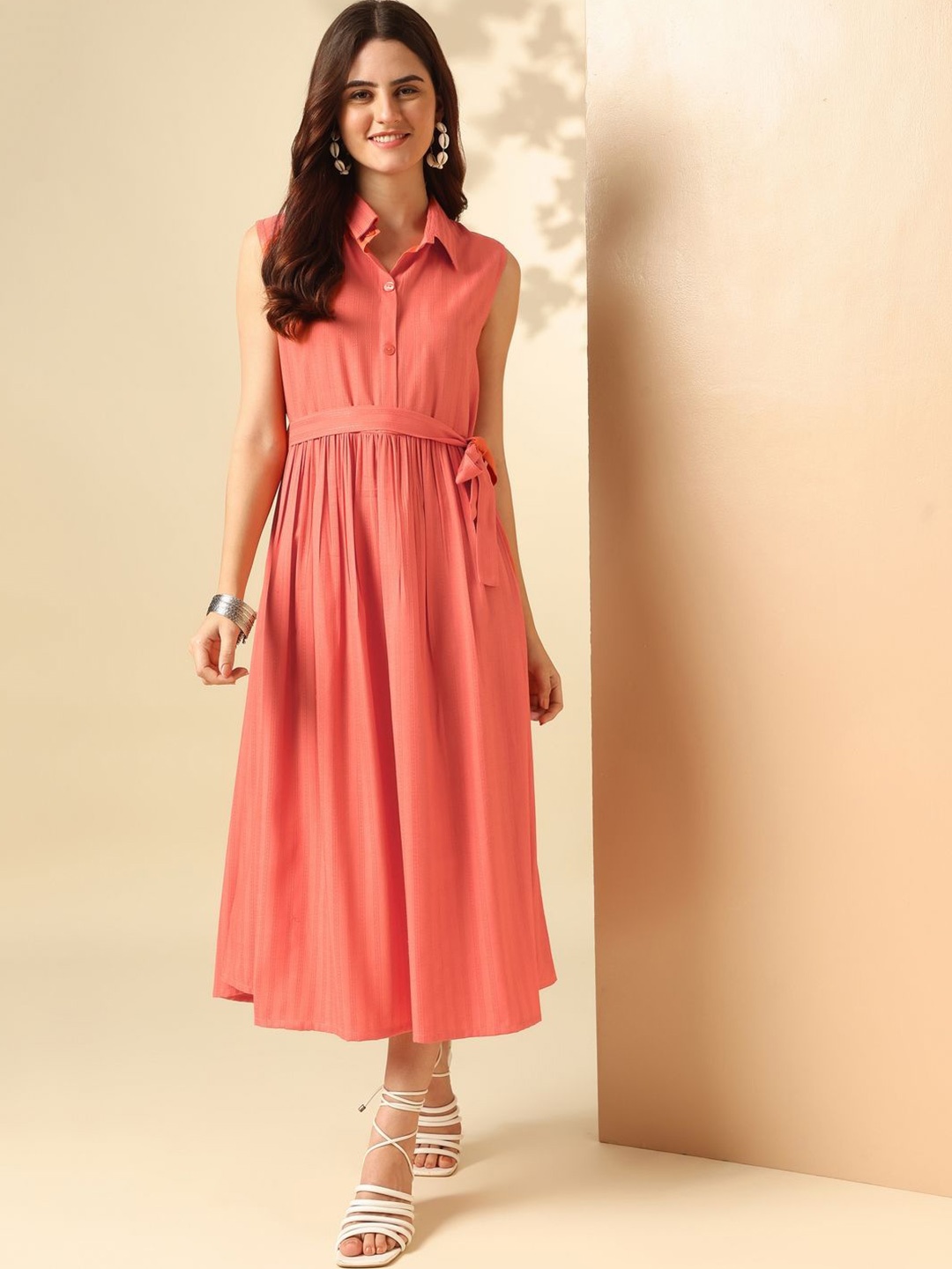 

Anouk Shirt Collar Fit and Flare Midi Dress, Peach