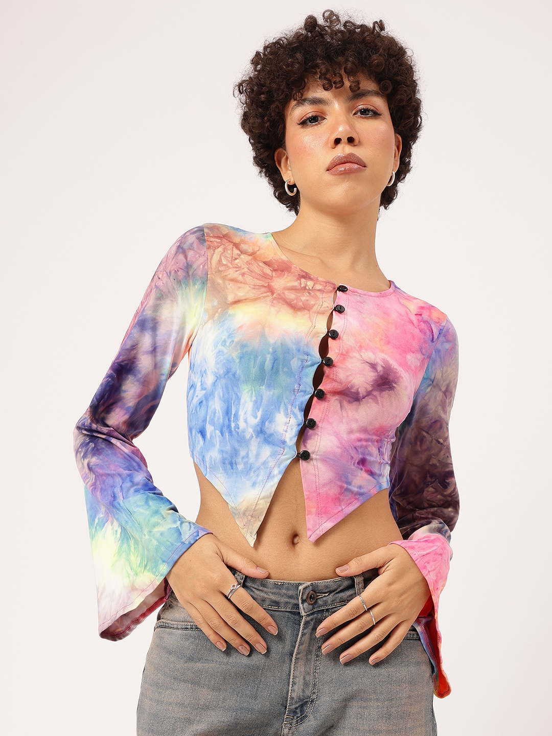 

DressBerry Tie Dye Delight Front Buttoned Crop Top, Multi