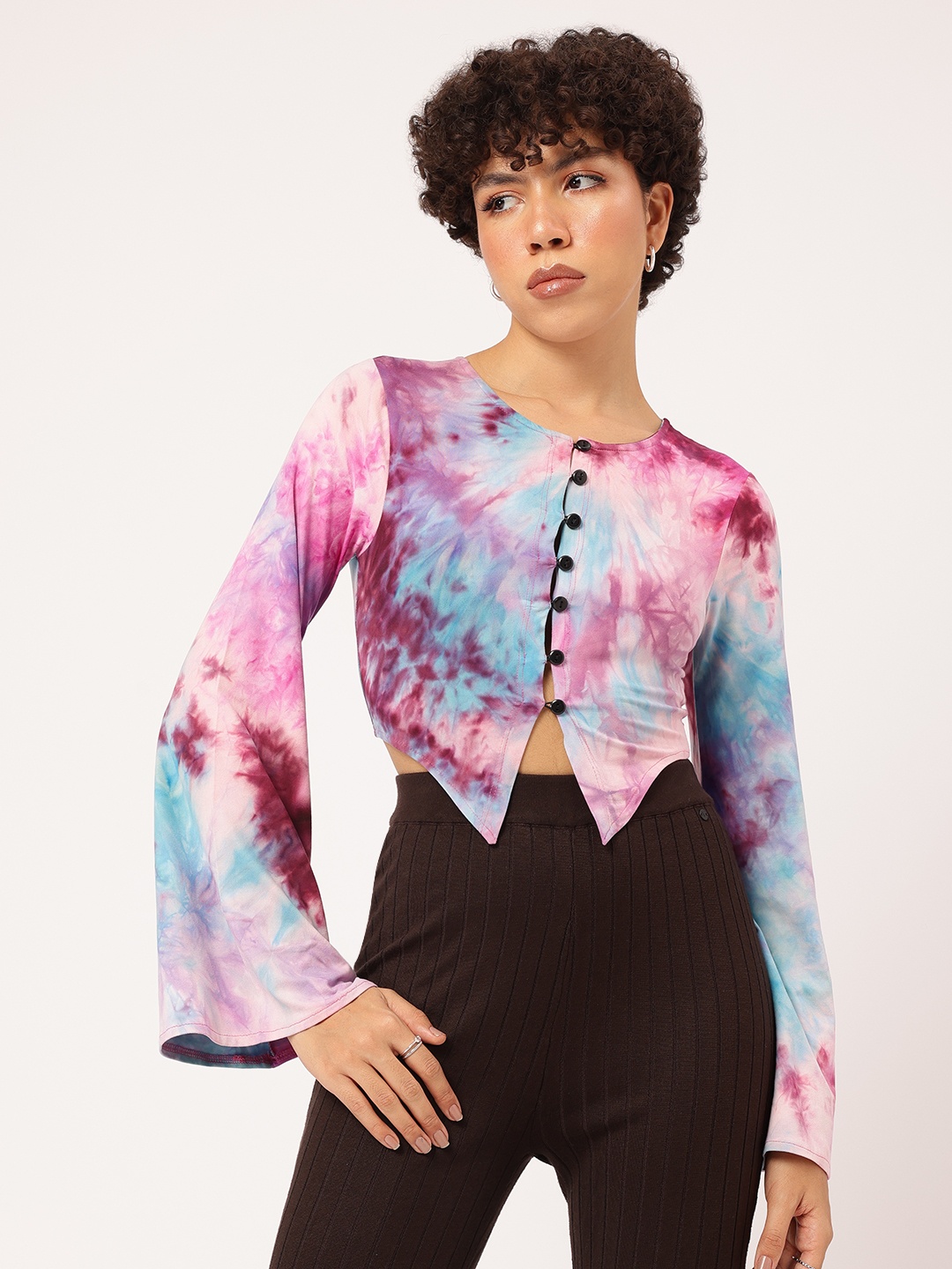 

DressBerry Tie-Dye Treasure Buttoned Top, Blue