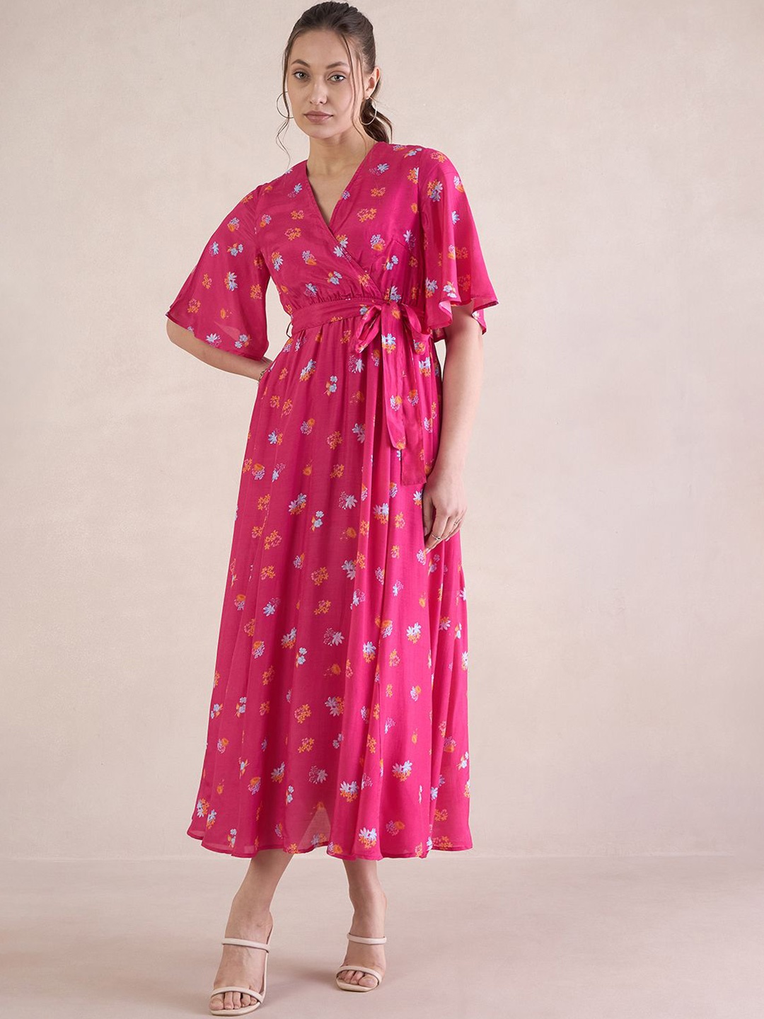 

FEMMELLA Floral Print Flared Sleeve Maxi Wrap Dress, Pink