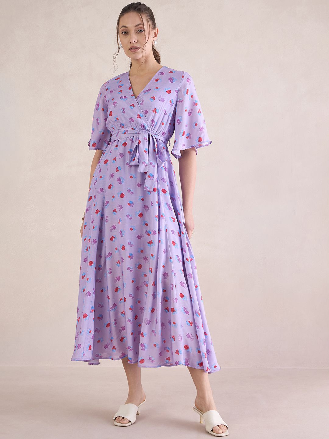

Femella Floral Print Flared Sleeve Dress, Purple