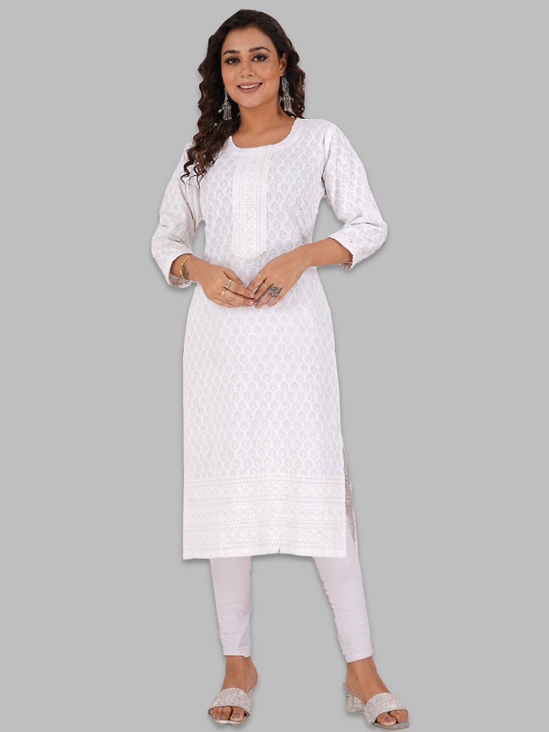 

Senorita Floral Embroidered Round Neck Sequinned Straight Kurta, White