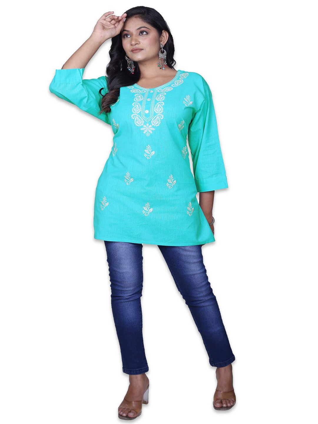 

Senorita Round Neck Embroidered Pure Cotton Kurti, Blue