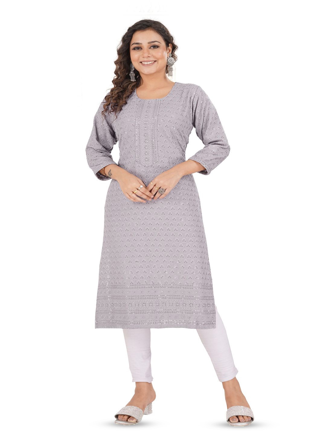

Senorita Floral Embroidered Round Neck Sequinned Straight Kurta, Grey