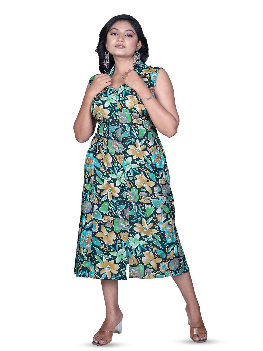 

Senorita Floral Printed Shirt Collar A-Line Midi Dress, Turquoise blue