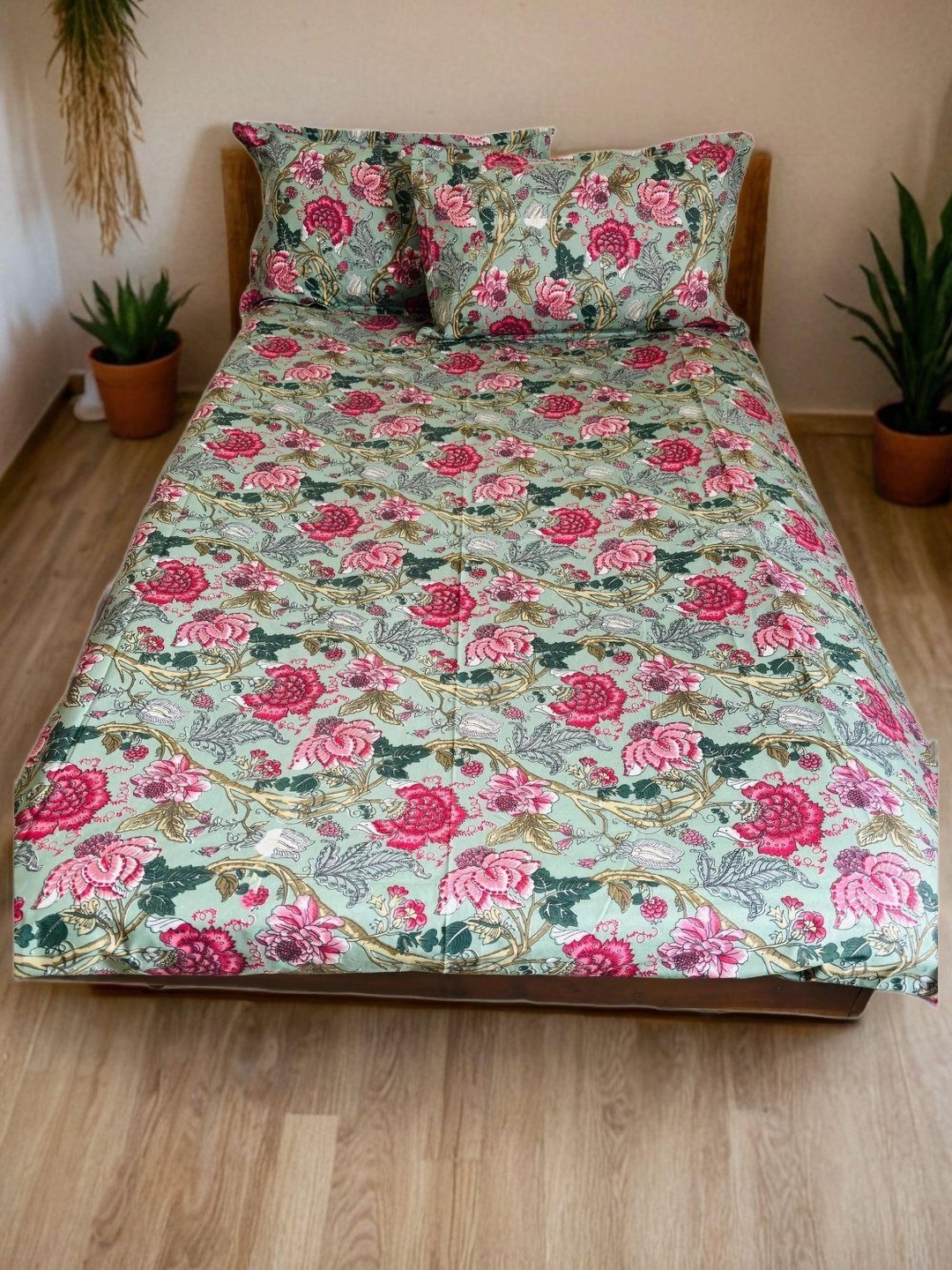 

Urban Jaipur Green & Pink Floral 186 TC Cotton Single Bedsheet with 2 Pillow Covers