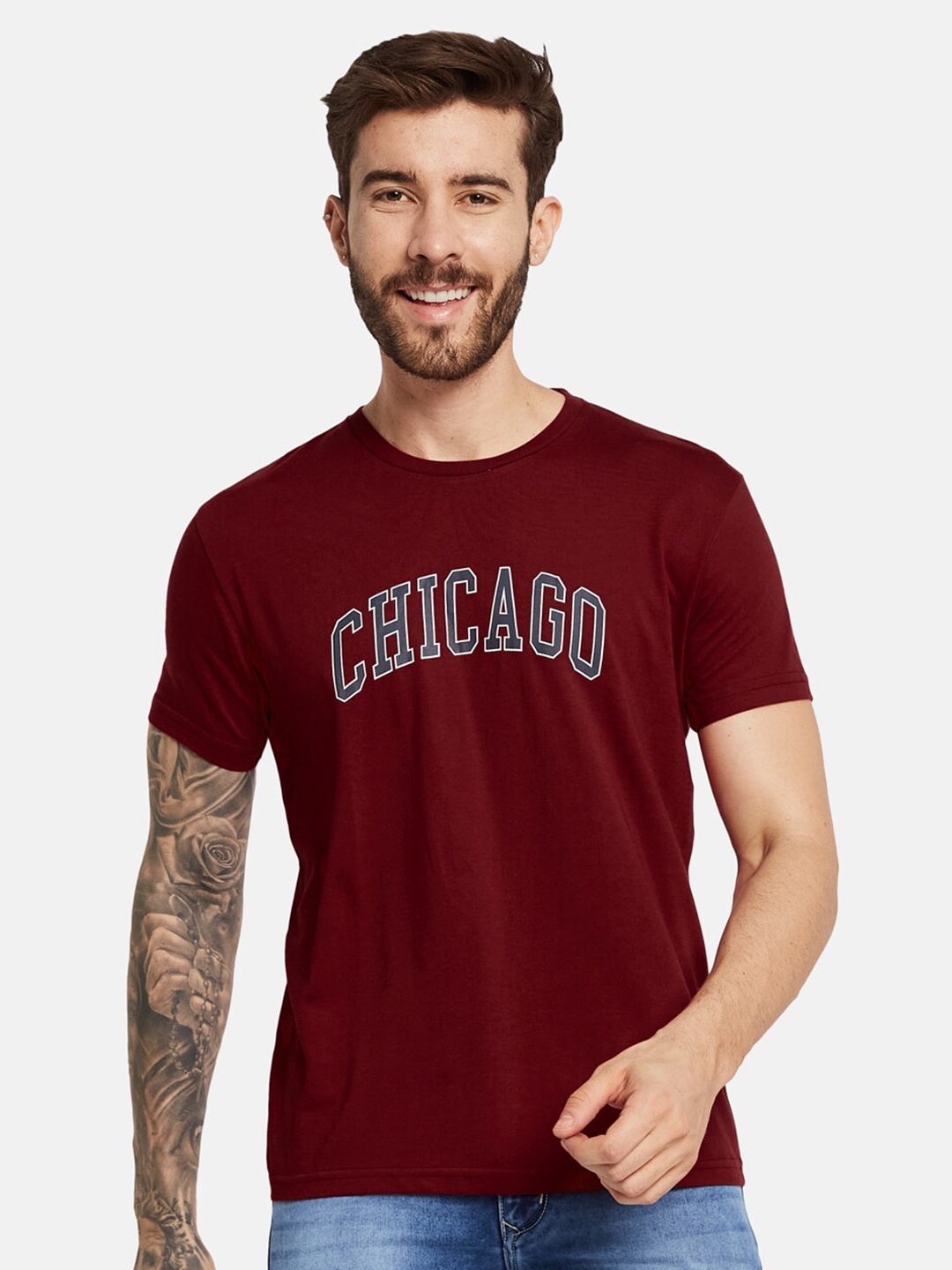 Octave Men Typography Printed Pure Cotton T-shirt, Maroon