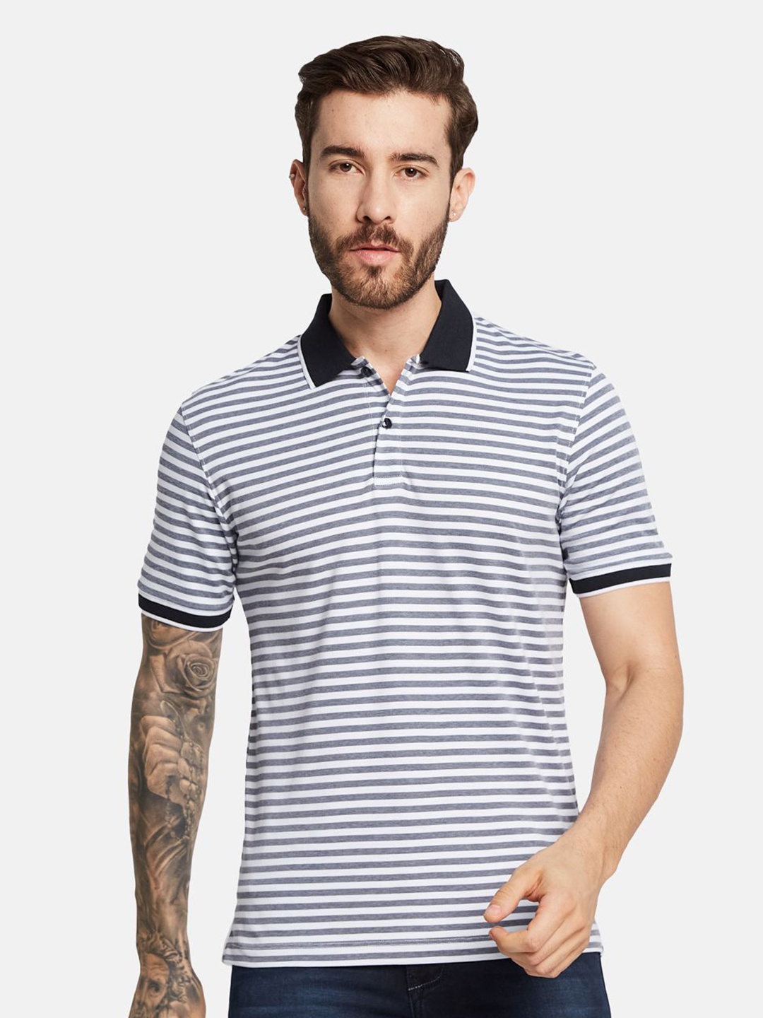 

Octave Men Striped Nautical Polo Collar Pure Cotton T-shirt, Navy blue