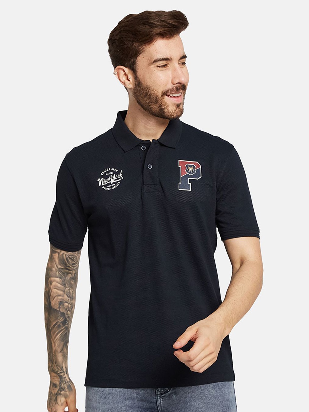 

Octave Men Spider-Man Typography Printed Polo Collar Cotton T-shirt, Navy blue