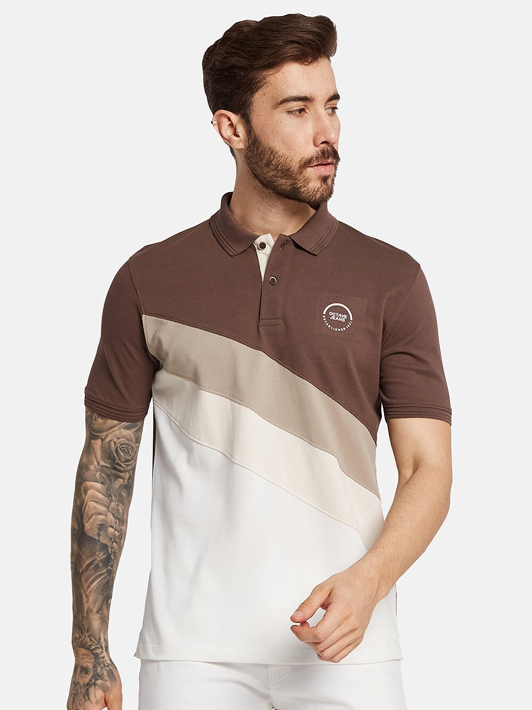 

Octave Men Colourblocked Polo Collar Cotton T-shirt, Brown