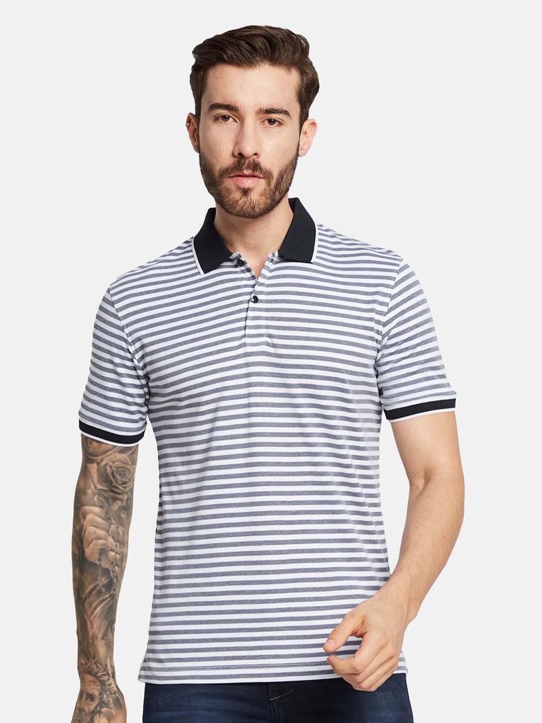 

Octave Men Striped Polo Collar Pure Cotton T-shirt, Navy blue