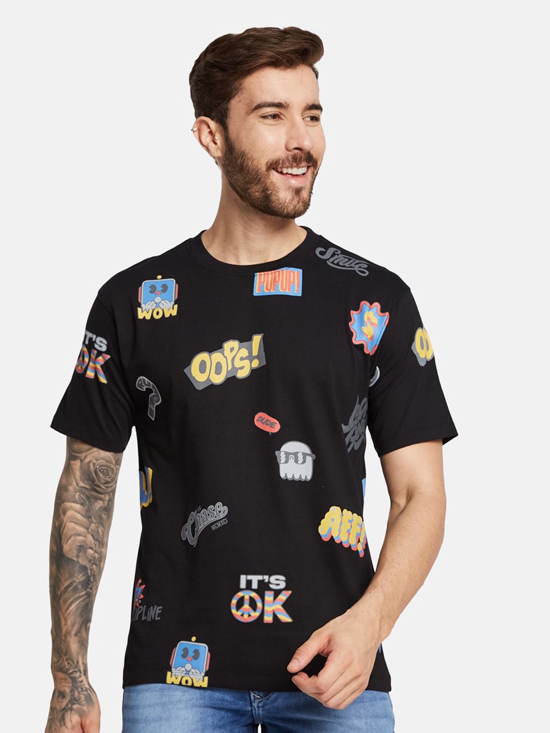 

Octave Men Typography Printed Round Neck Pure Cotton T-shirt, Black