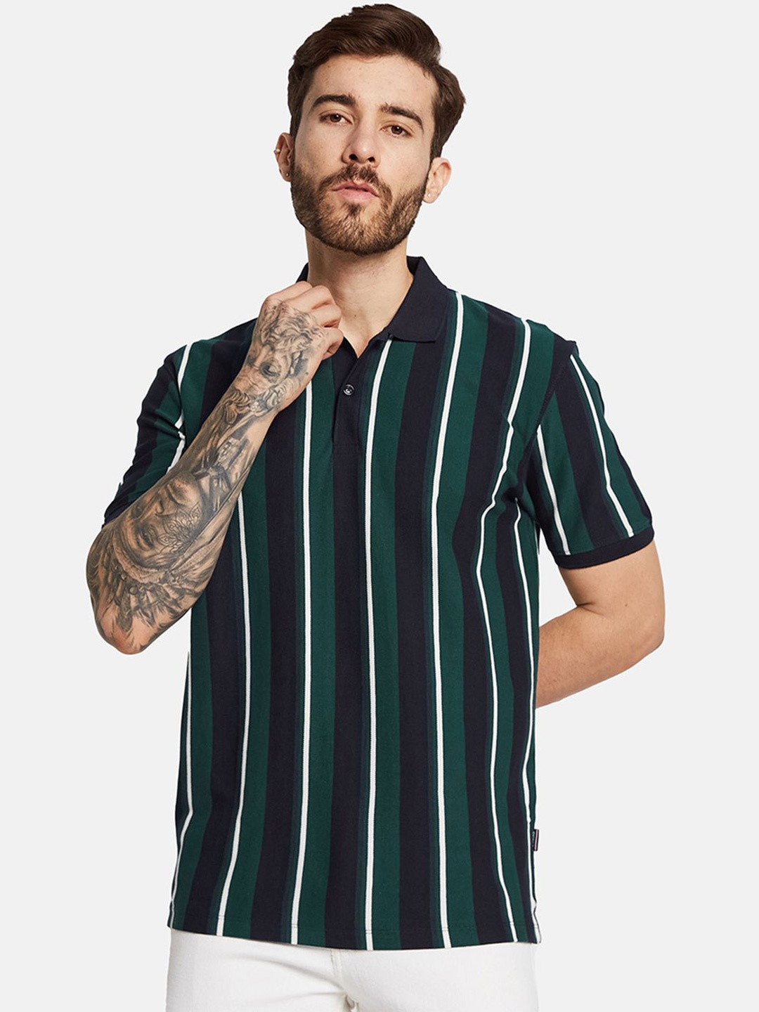 

Octave Men Striped Polo Collar Pure Cotton T-shirt, Green