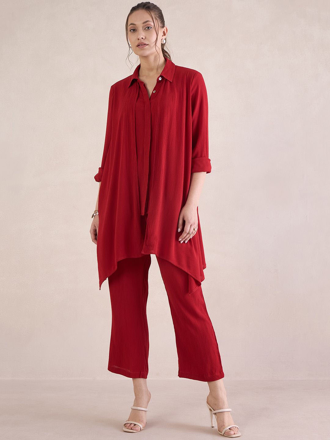 

FEMMELLA Long Sleeves Asymmetric Shirt With Trouser, Red