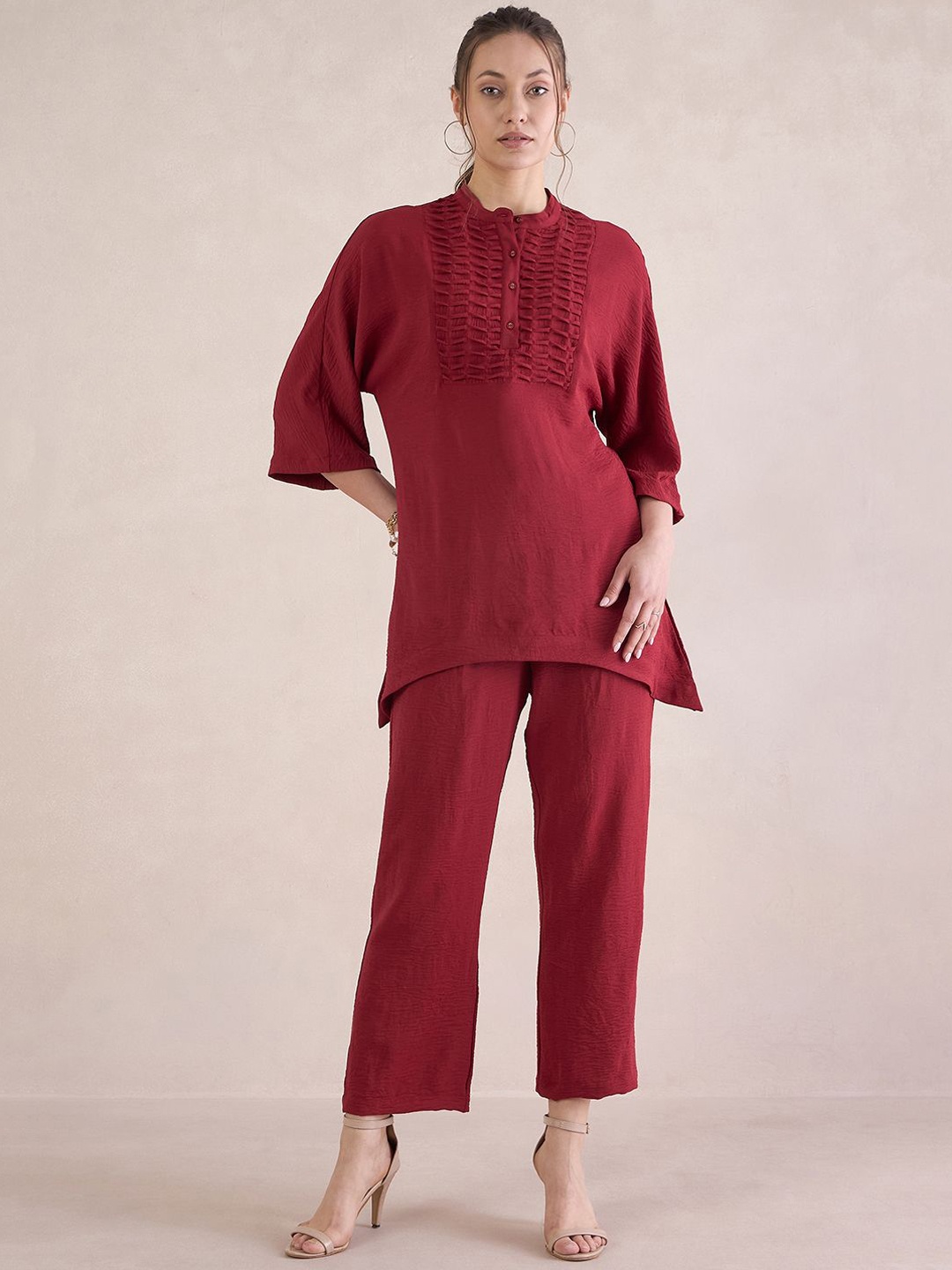 

FEMMELLA Yoke Design Mandarin Collar Tunic With Trouser, Red