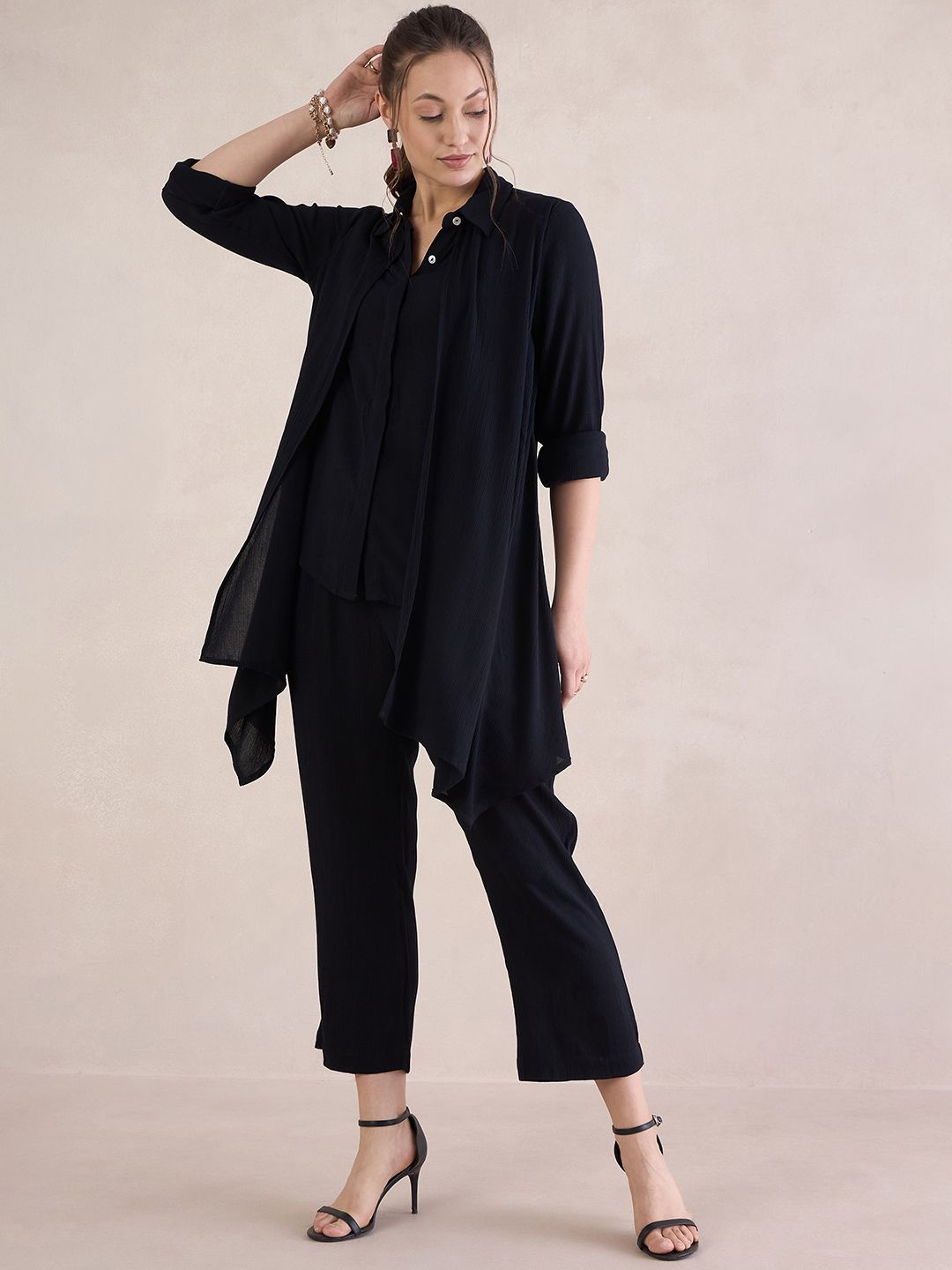 

FEMMELLA Textured Cuffed Sleeves Asymmetric Casual Shirt With Trousers, Black