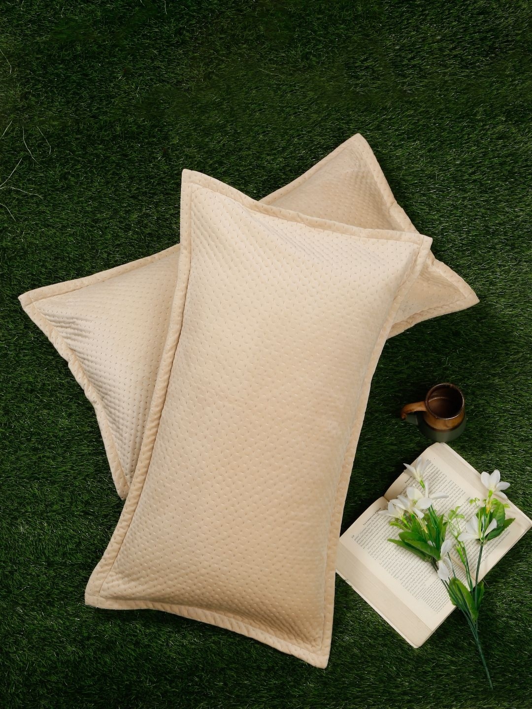 

HOSTA HOMES Cream Coloured 2 Pieces Self Design Rectangle Shaped Pillow Covers