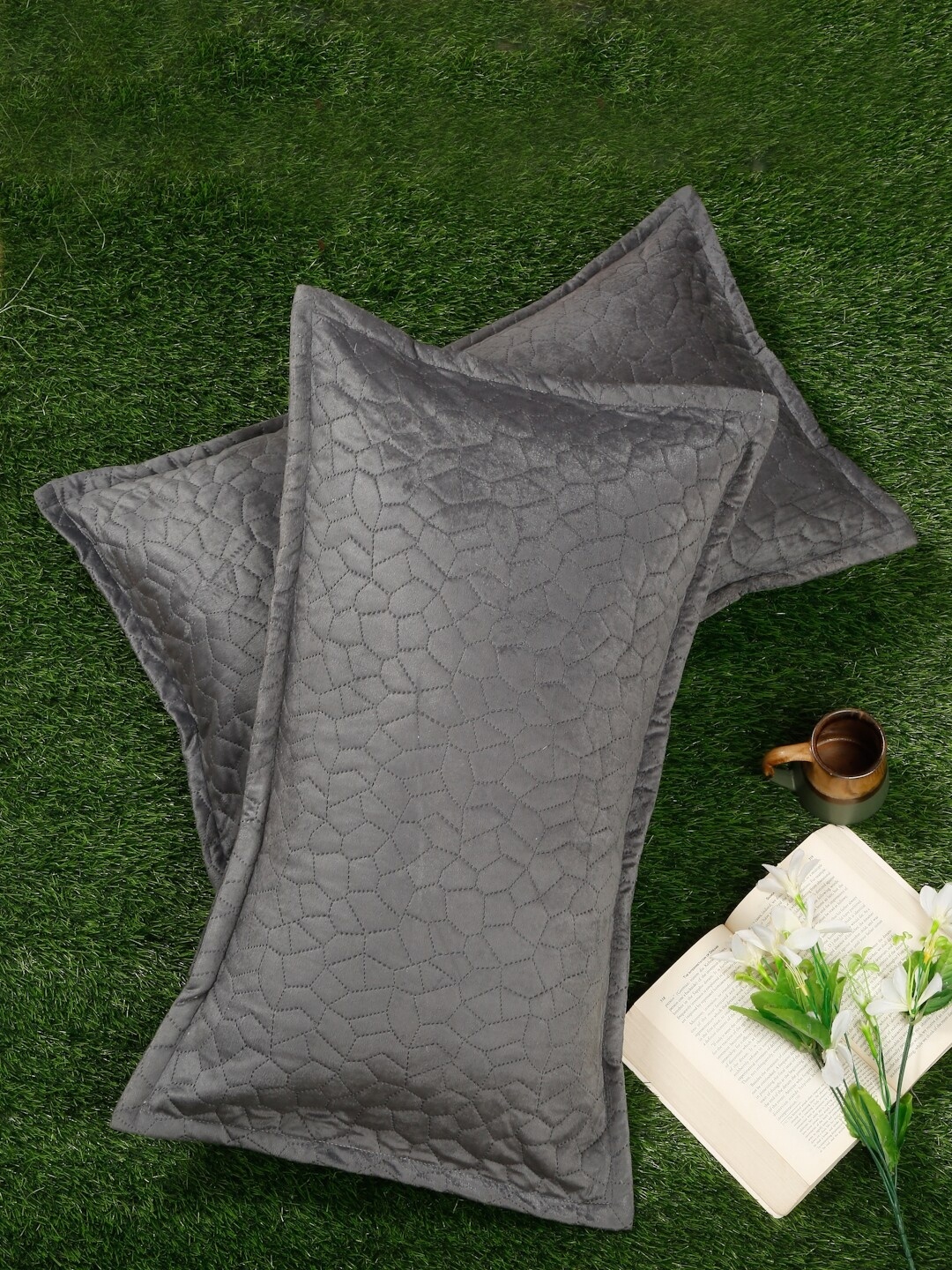 

HOSTA HOMES Grey 2 Pieces Self Design Rectangle Shaped Pillow Covers