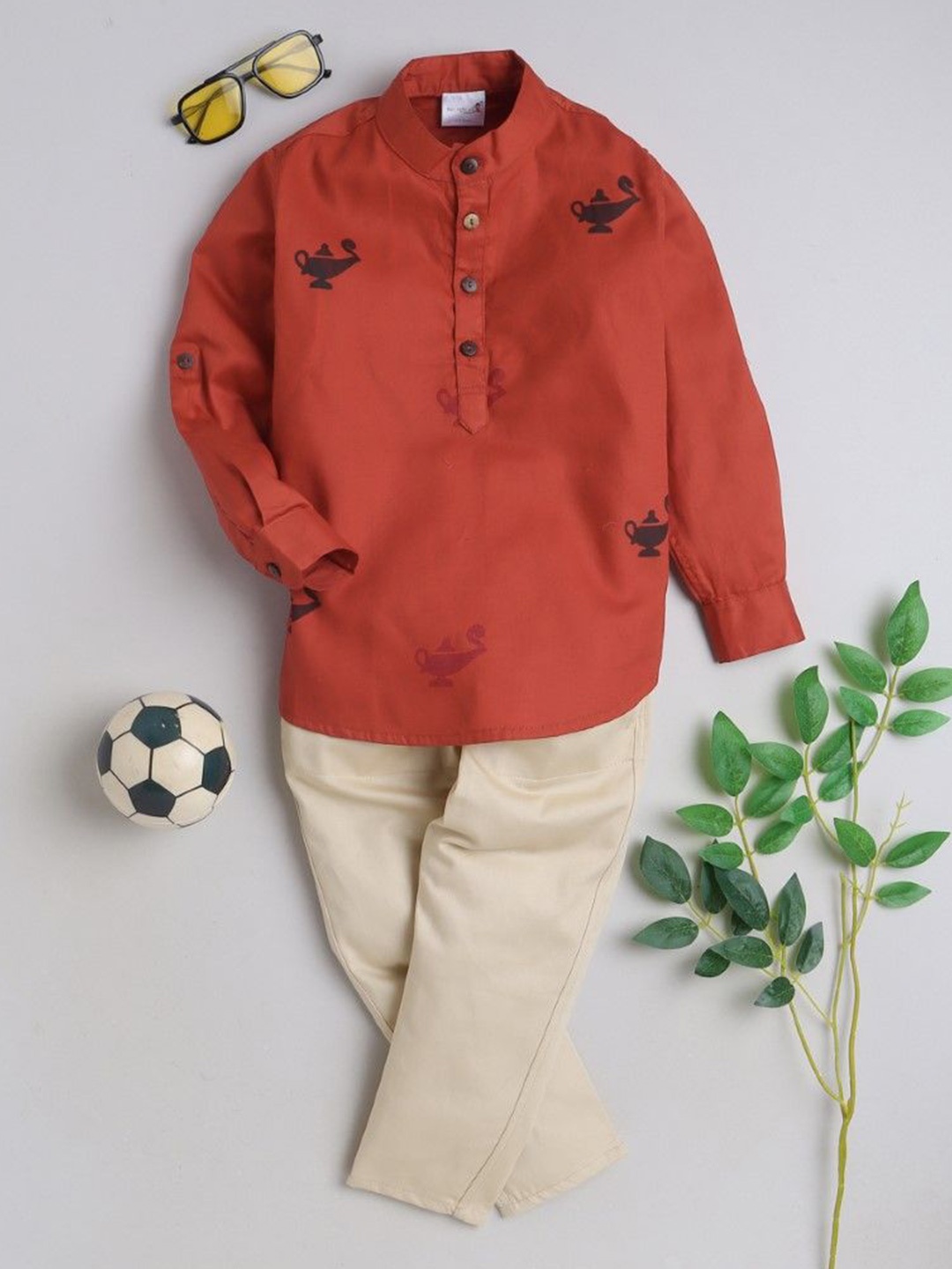 

BAATCHEET Boys Printed Pure Cotton Shirt with Trousers, Orange