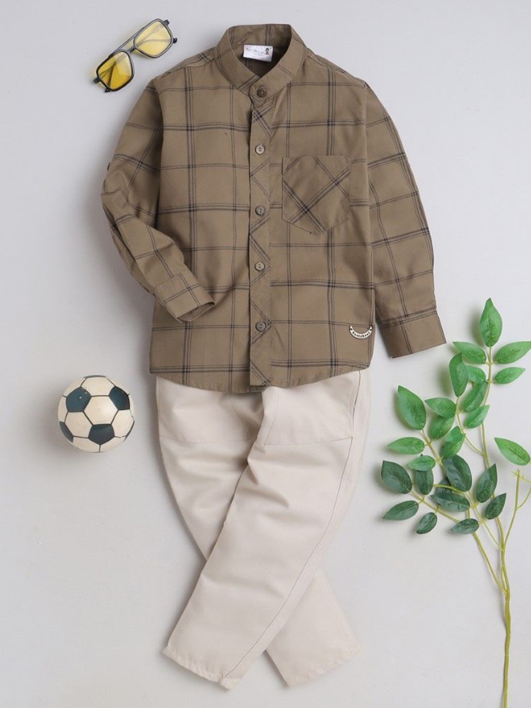 

BAATCHEET Boys Checked Pure Cotton Shirt with Trousers, Brown