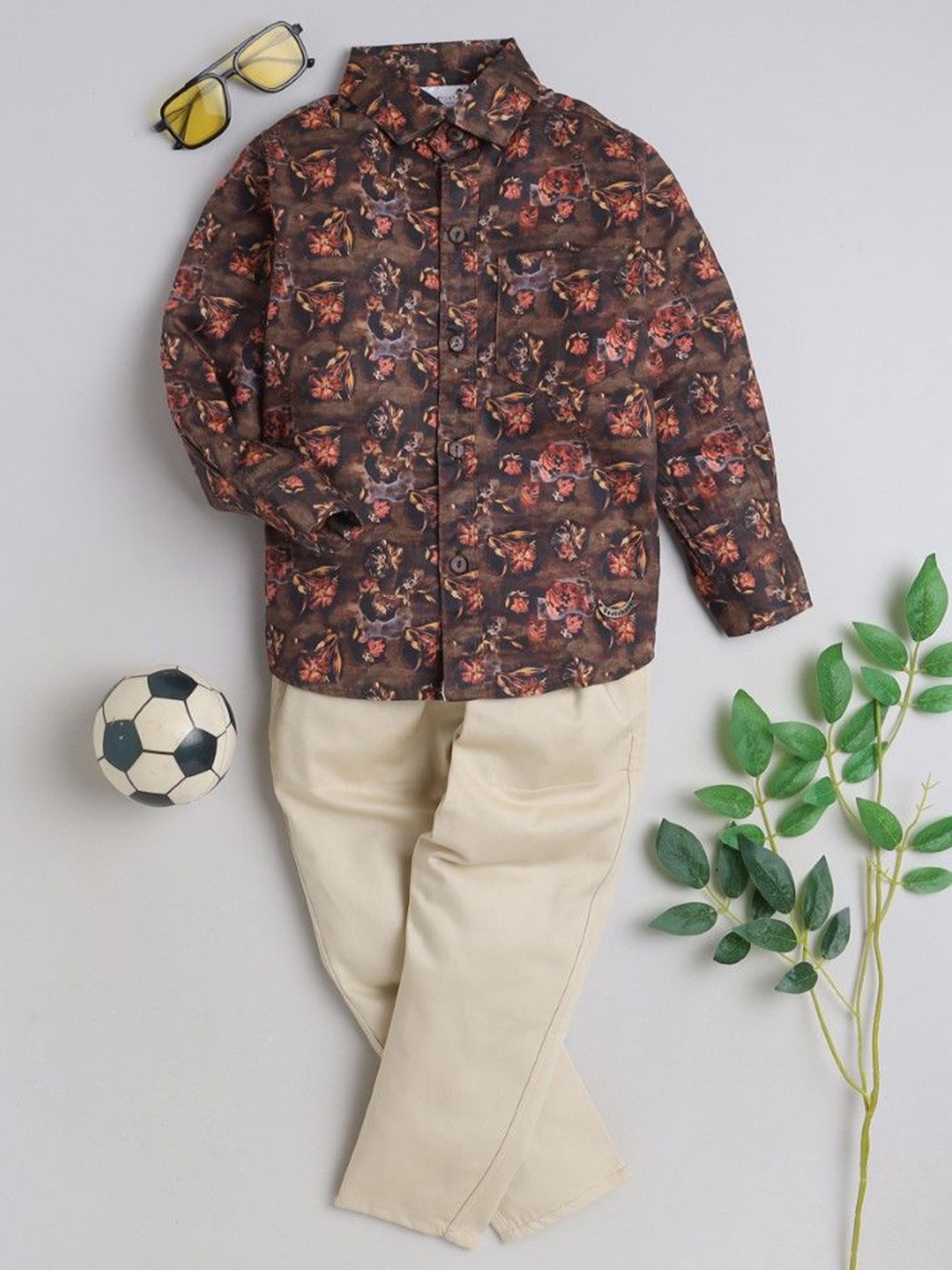 

BAATCHEET Boys Printed Pure Cotton Shirt with Trousers, Rust