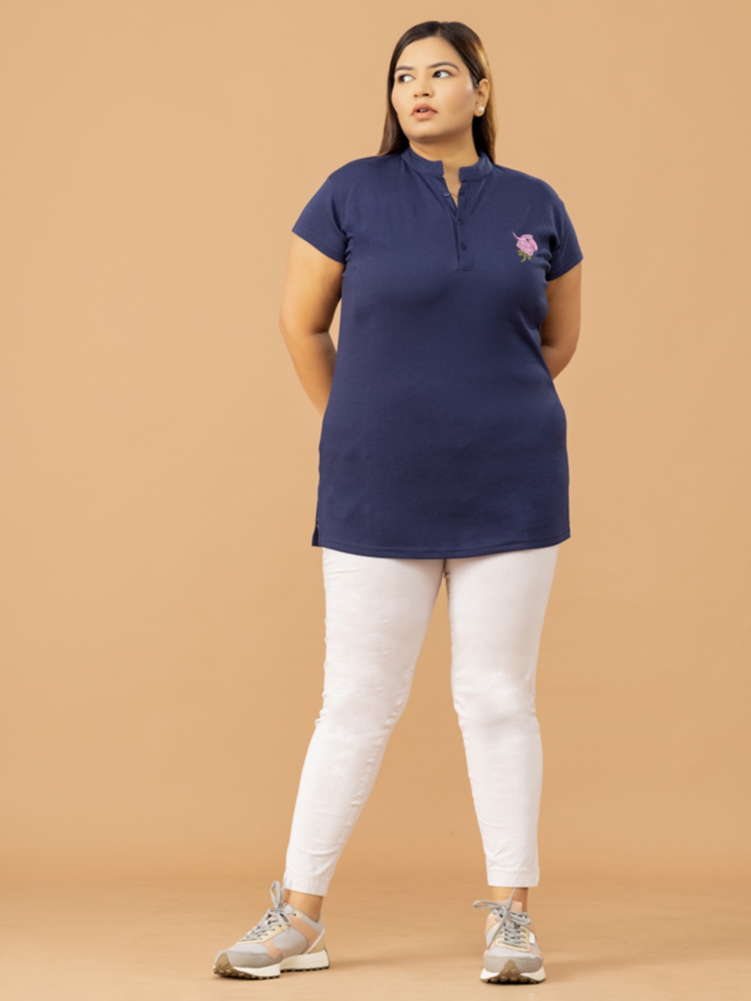 

CUPID Mandarin Collar Cotton Long Top, Blue