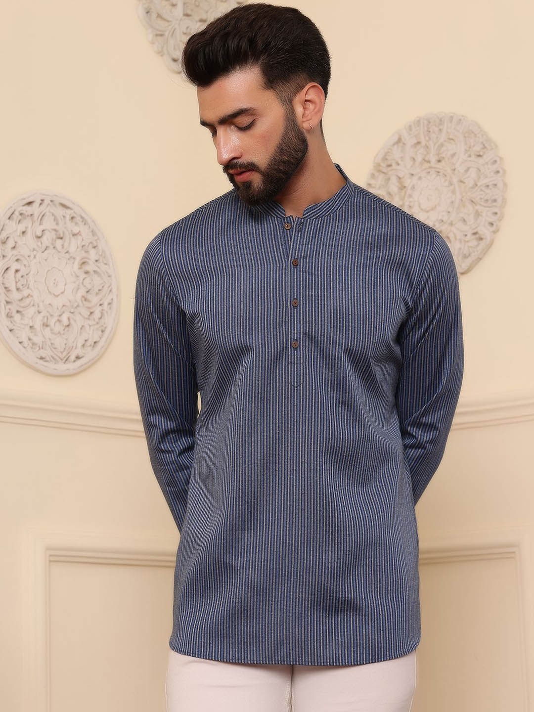 

Anouk Navy Blue Striped Mandarin Collar Jacquard Straight Short Kurta