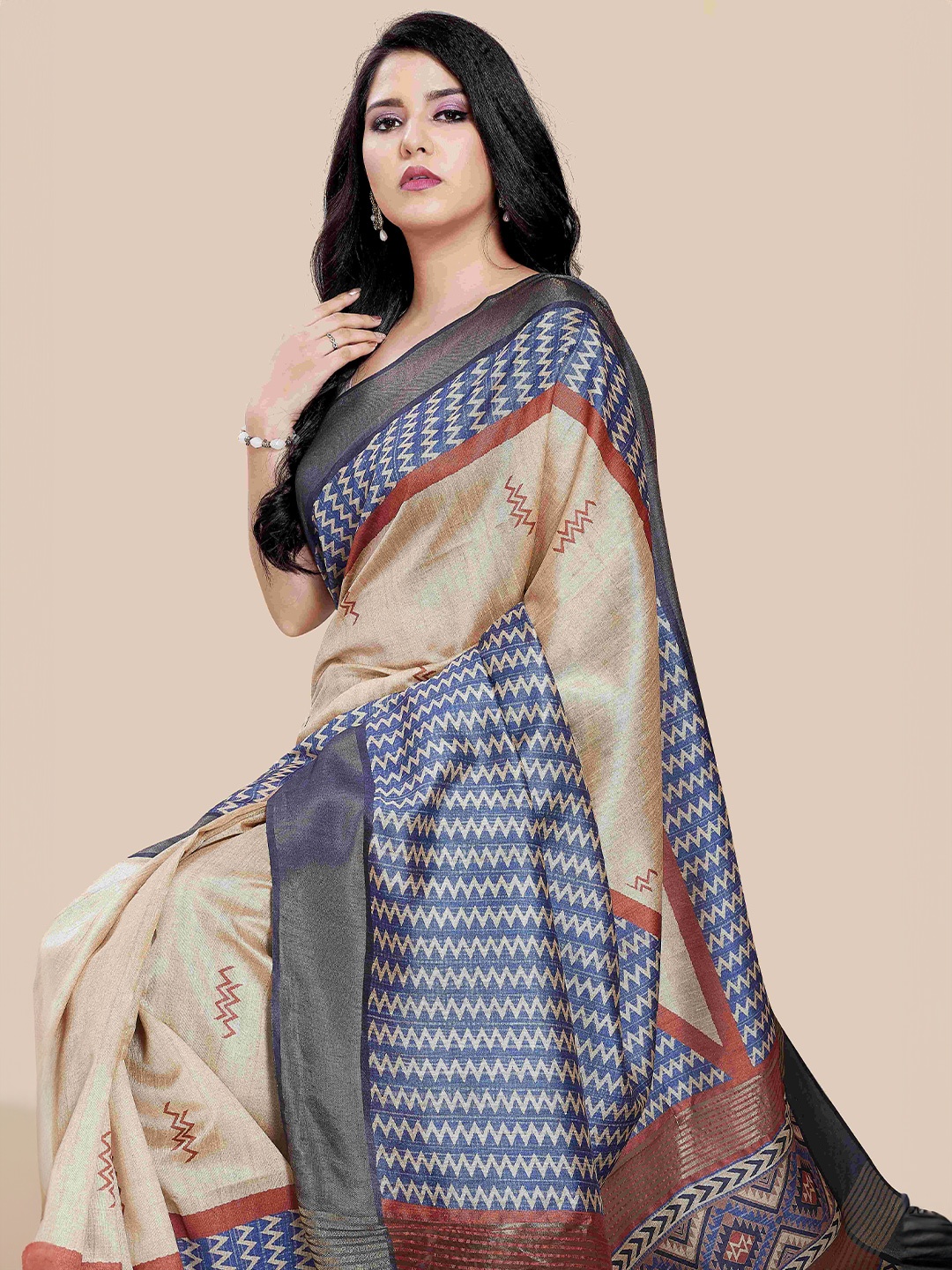 

Rani Saahiba Zari Printed Saree, Beige