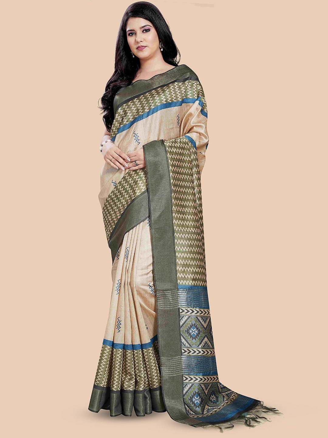 

Rani Saahiba Striped Tussar Silk Zari Border Saree, Beige