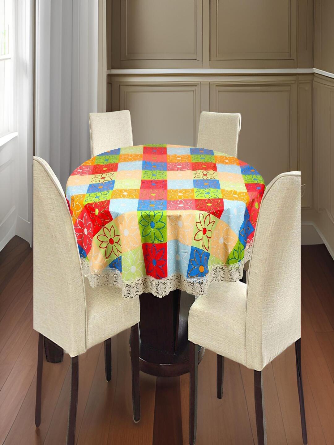 

CASA-NEST Red & Blue Floral Printed Round Shaped Waterproof Table Cover