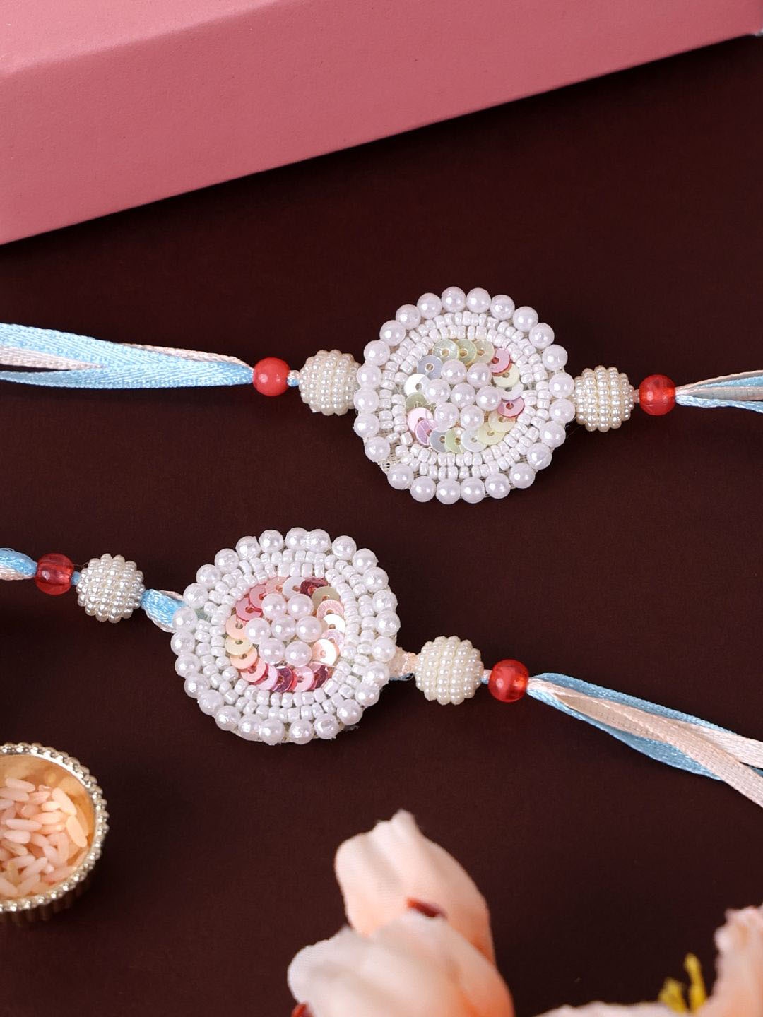 

PANASH Set Of 2 Beaded Floral Shaped Thread Rakhis, White