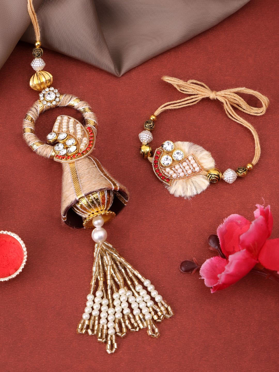 

PANASH Gold Plated Beaded & Stone Studded Bhaiya Bhabhi Rakhis With Roli Chawal