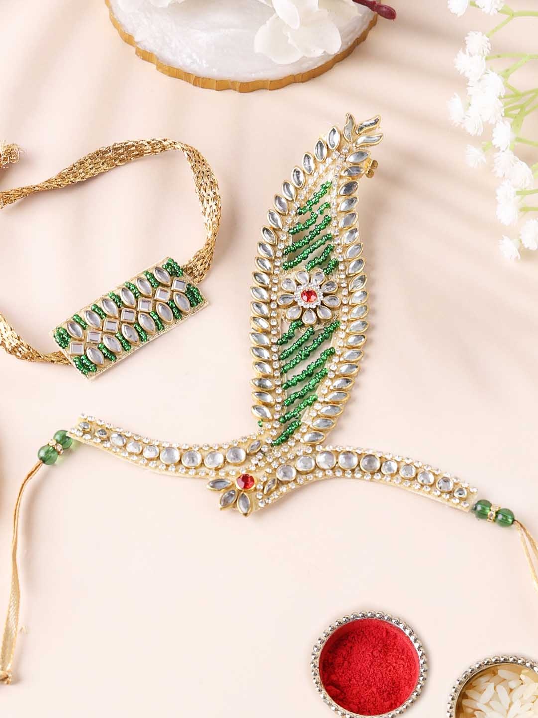 

PANASH Gold Plated Bhaiya Bhabhi Bracelet With Ring Rakhis With Roli Chawal