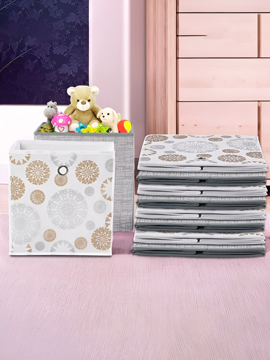 

Kuber Industries Grey & White 10 Pieces Printed Foldable Multi-Utility Organisers