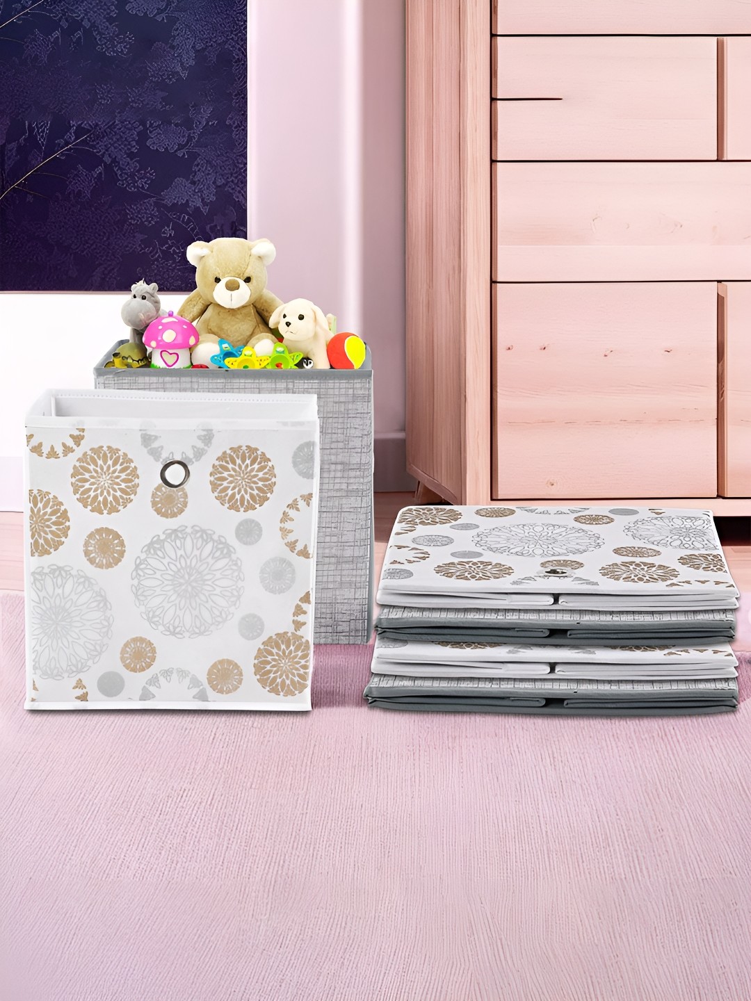 

Kuber Industries Grey & White 6 Pieces Printed Foldable Multi-Utility Organisers