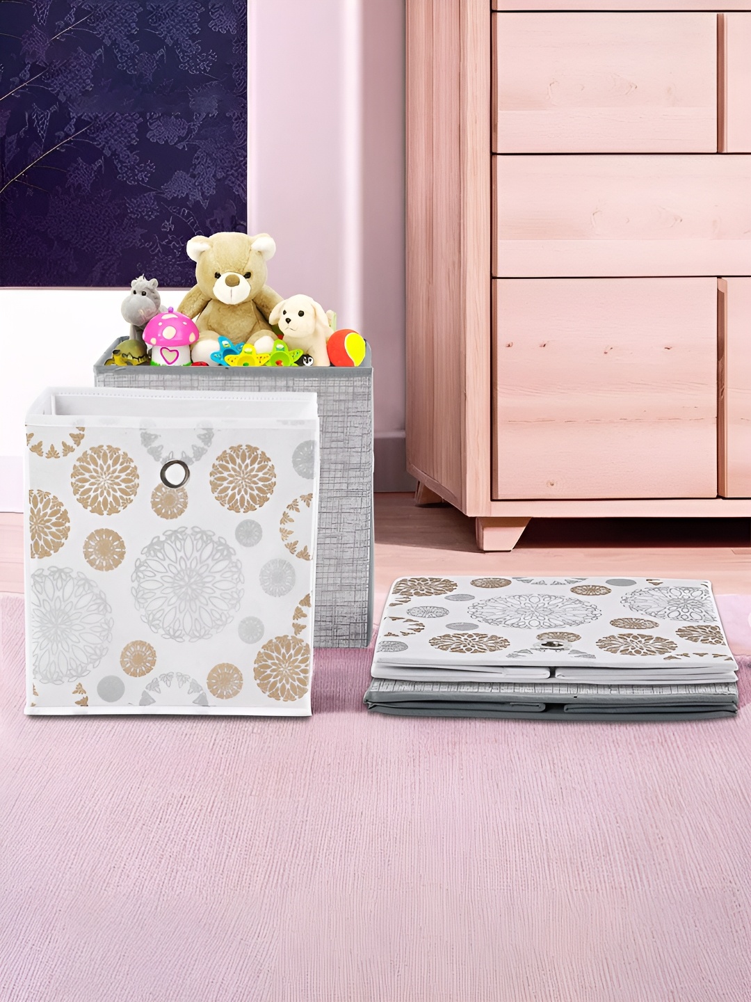 

Kuber Industries Grey & White 4 Pieces Printed Foldable Multi-Utility Organisers