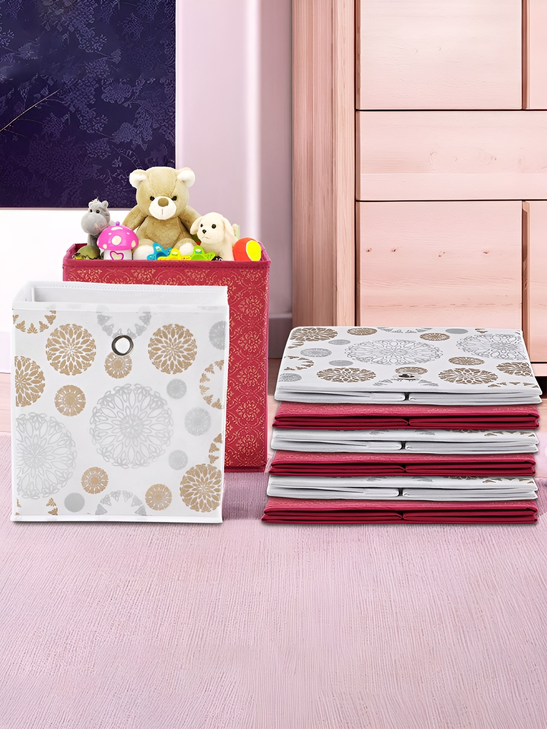 

Kuber Industries Maroon & White 8 Pieces Printed Foldable Multi-Utility Organisers