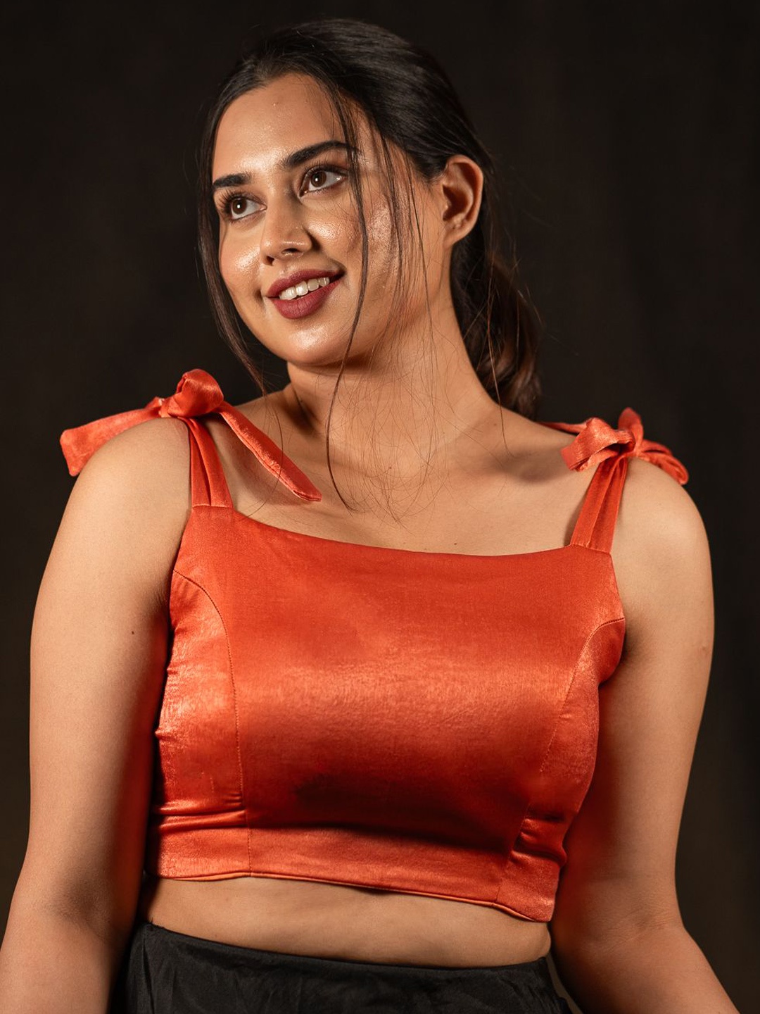 

I LOVE SAREES Padded Square Neck Tie Ups Detail Velvet Crop Saree Blouse, Peach