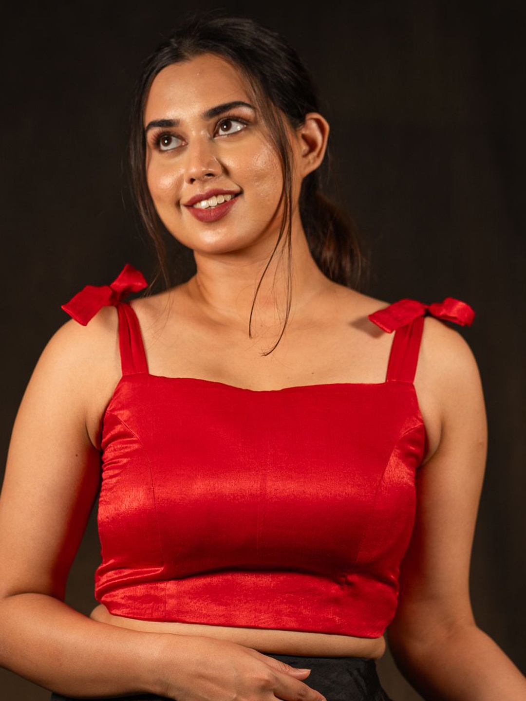 

I LOVE SAREES Padded Square Neck Tie Ups Detail Velvet Crop Saree Blouse, Red