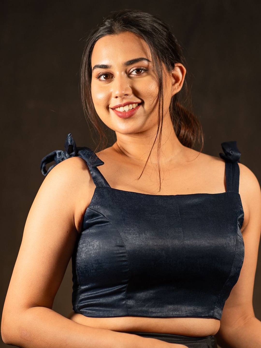 

I LOVE SAREES Padded Square Neck Tie Ups Detail Velvet Crop Saree Blouse, Blue